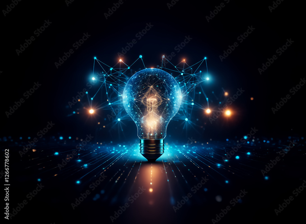 Poster glowing light bulb with bright digital network connections on a dark backdrop. illuminated filament 
