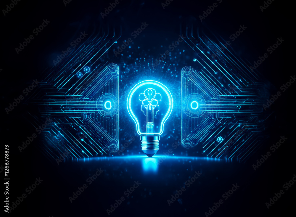 Poster glowing blue light bulb illuminates against a dark backdrop with abstract circuit patterns, represen
