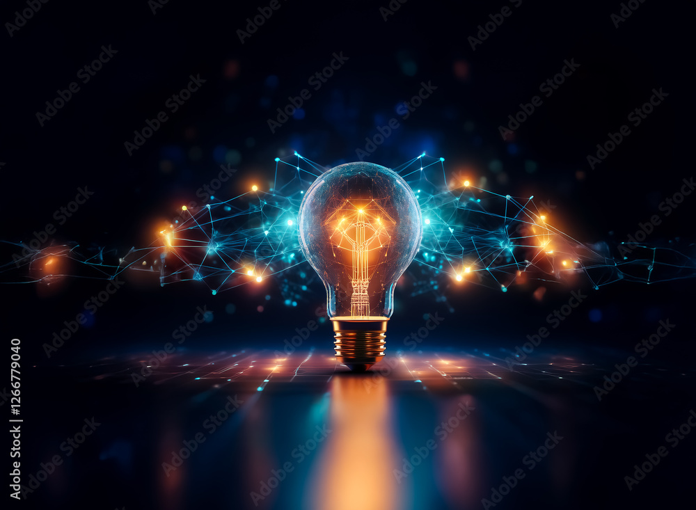 Poster illuminated light bulb with glowing connections on a dark surface. a bright idea concept with a netw