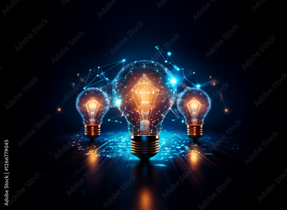 Poster three glowing lightbulbs stand out, with the central one emphasized. blue lines and dots create a ne
