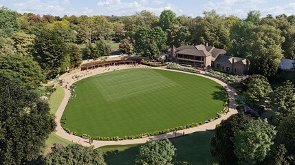 Aerial View of a Spacious Circular Green Park Surrounded by Lush Trees and Open Sky