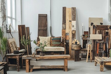 This image highlights innovative upcycling ideas in a contemporary studio, featuring expertly restored furniture and decor crafted from recycled materials to promote sustainable living.
