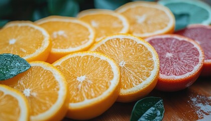 Fototapeta premium Juicy orange and grapefruit slices with leaves. Perfect for illustrating healthy eating, freshness, and citrus themes.