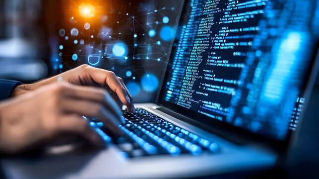 Hands Typing on Laptop with Blue Coding Interface and Data Visualization in a Modern Workspace