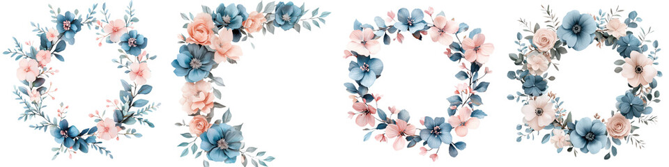 Fototapeta premium Elegant floral wreath or bouquet with soft pastel pink blue and white flowers leaves and greenery Romantic and feminine border or frame design perfect for wedding invitations anniversary cards