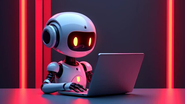 Artificial intelligence robot using laptop neon light futuristic technology 3d animation banner