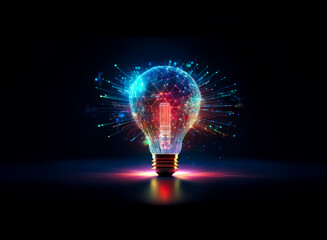 A glowing lightbulb with colorful digital sparks bursts forth against a dark background.  It represents bright ideas and technological innovation.