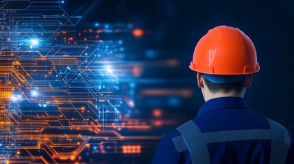 Worker in Orange Hard Hat Observing Futuristic Technology Interface in Industrial Setting