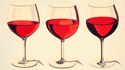advertisement for red wine glasses, featuring an illustration of three tall and elegant glass cups