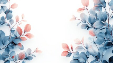 Blue and pink leaves on a white background creating a natural and elegant design element for various projects