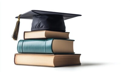 Graduation cap placed on top of a stack of books representing academic achievement and education