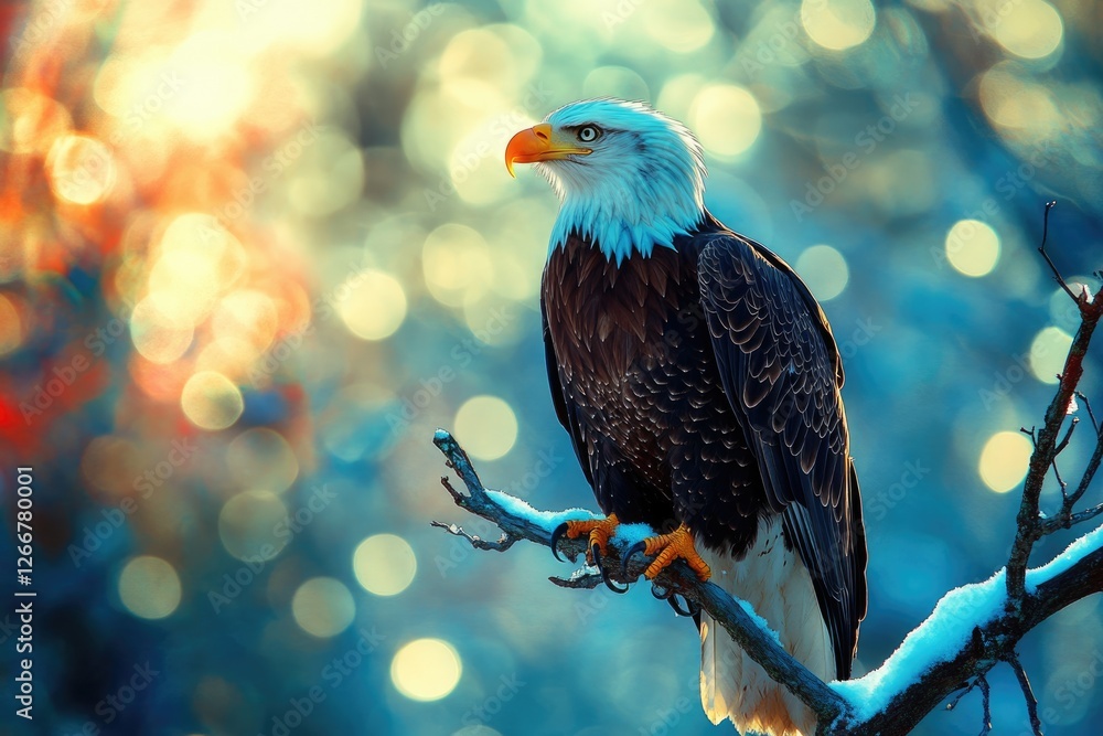 Wall mural Majestic bald eagle perched on a snow-dusted branch, bathed in warm sunset light.