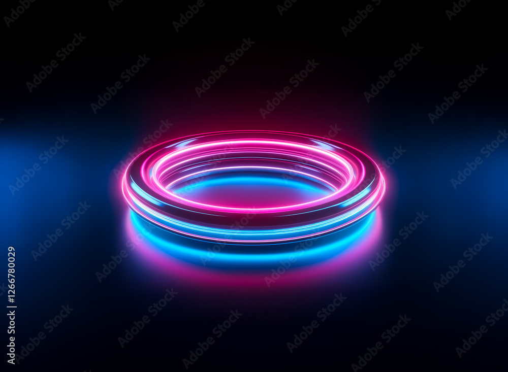 Poster a luminous circular object displays vibrant pink and blue neon lights, creating a striking contrast 