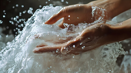 Fototapeta premium Dynamic Macro of Water Droplets Exploding from Compressed Fabric Under Human Hands