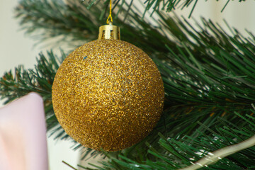 Christmas tree balls on a tree close-up