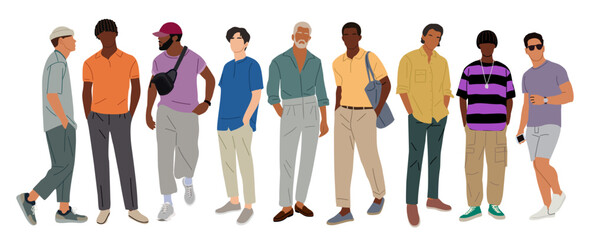 Set of stylish multiracial men different ages wearing summer smart casual office outfits. Handsome Business men characters standing in modern clothes. Vector realistic people illustrations isolated.