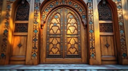 Obraz premium Ornate wooden doors with intricate carvings and inlaid details, creating a majestic entryway.
