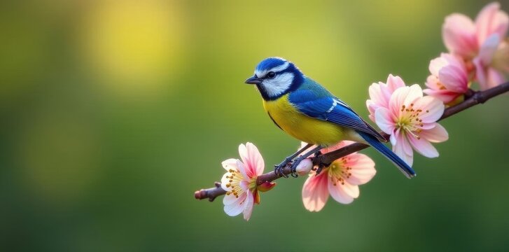Blue tit on flowering branch, Suffolk spring garden,  charming,  closeup,  pretty