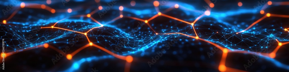 Poster a digital representation of a network with glowing blue and orange lights