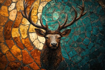 Mosaic artwork depicting a majestic deer head with large antlers against a backdrop of teal and gold stone.