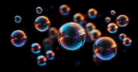Floating Soap Bubbles with Iridescent Reflections and Vibrant Colors