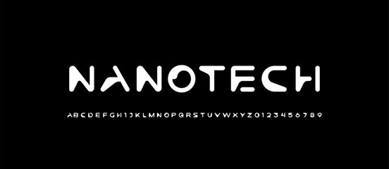 Font digital cyber alphabet, cyberpunk letters A to Z and futuristic numerals 0 to 9