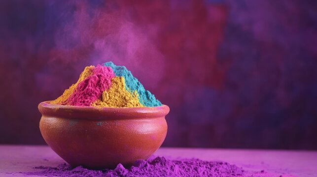A colorful holi powder is depicted in a clay bowl against a purple backdrop, with a copy space.