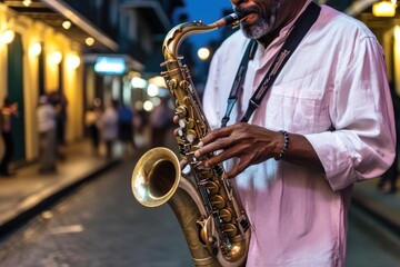 Obraz premium A musician plays the saxophone on a busy city street