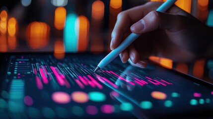 close up of hand using stylus on tablet, creating vibrant digital graphics. colorful display features dynamic lines and shapes, showcasing creativity and technology