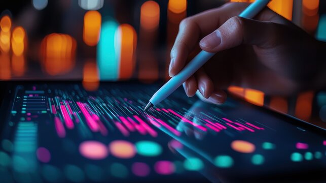 close up of hand using stylus on tablet, creating vibrant digital graphics. colorful display features dynamic lines and shapes, showcasing creativity and technology