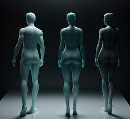 Abstract surrealistic illustration of glass statue several people standing in pose.Concept project.mindfulness and meditation.Futuristic. cyberpunk.innovation different types of poses.generative ai