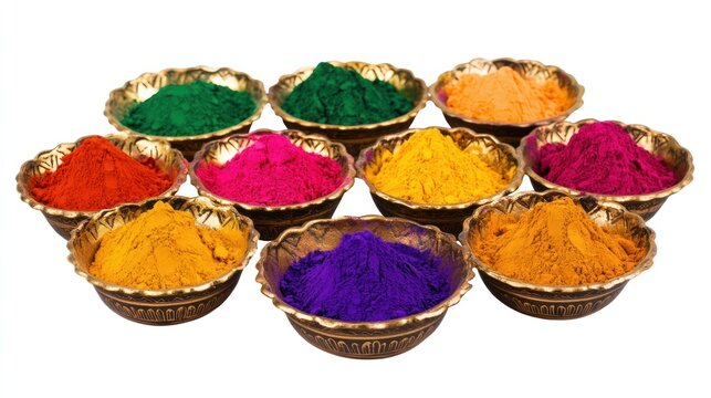 colorful traditional holi powder in bowls isolated on white