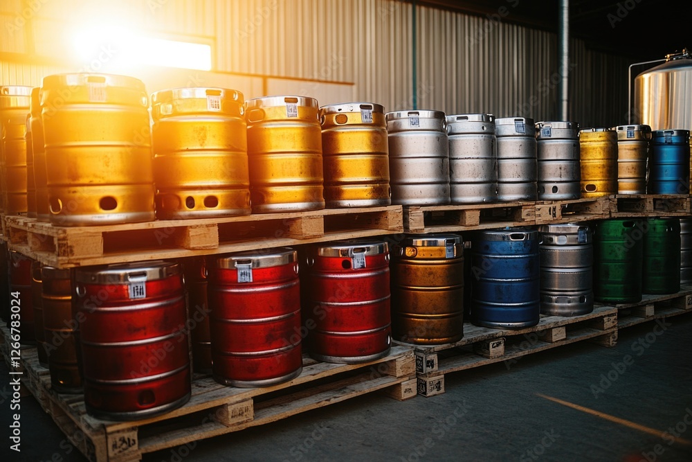 Poster a stack of beer kegs on a wooden pallet in a warehouse setting