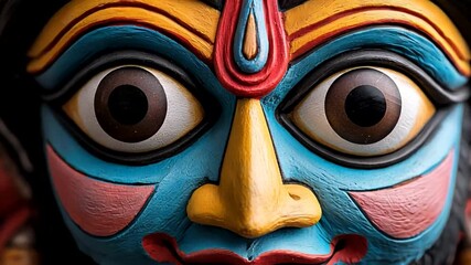 Colorful traditional mask of Goddess Kali, vibrant Hindu festival symbol, spiritual Indian cultural artwork