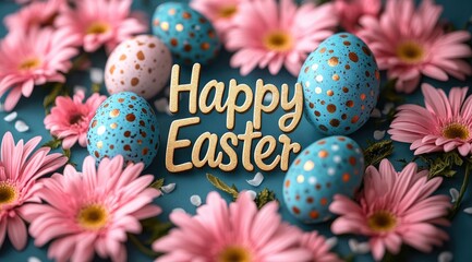 Colorful easter eggs, pink flowers, and the words happy easter, create a festive spring scene