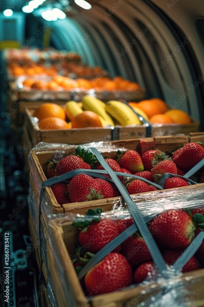 Aufkleber a row of baskets containing fresh strawberries and oranges moving along a conveyor belt
