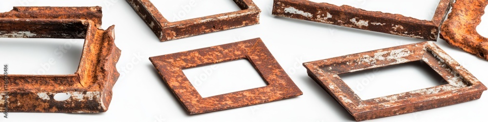 Fototapete a collection of old and rusty picture frames resting on a clean and white background