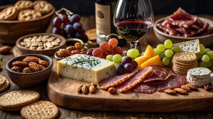 Luxurious Charcuterie Board: Cured Meats, Artisan Cheeses, Fresh Fruits, Nuts, and Gourmet Crackers on a Rustic Wooden Table with Wine Glasses