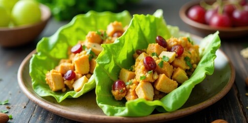 Curried chicken salad lettuce wraps with grapes & almonds , rustic, ingredients