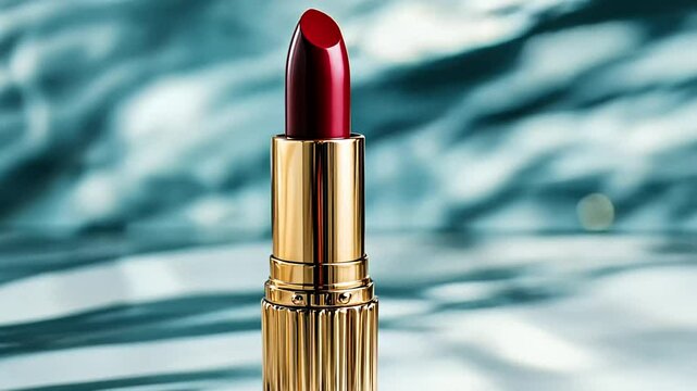 Luxurious red lipstick in golden case on elegant backdrop, beauty products, glamour cosmetics, fashion