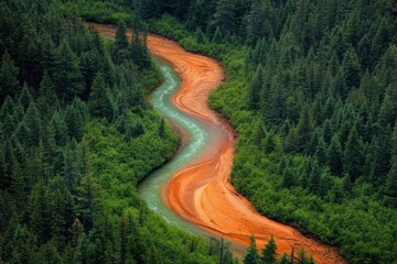 Fototapeta premium A meandering river with vibrant turquoise water cuts through a lush green forest, its banks a striking rusty orange.