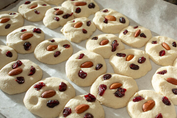 A view of a baking tray of cranberry almond cookies.