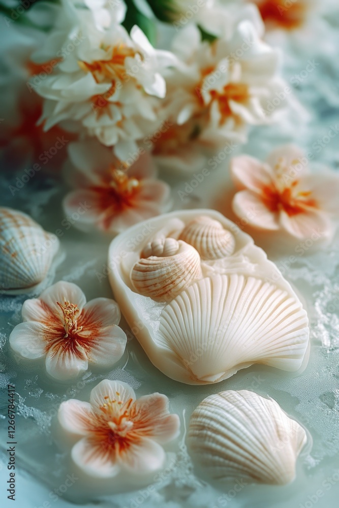 Poster close-up view of shells and flowers arranged on a table