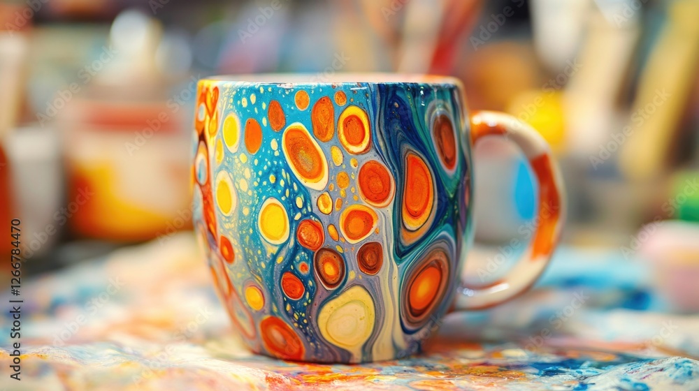 Poster a vibrant cup sitting on a table with a bold color scheme, perfect for decorating or using in a desi