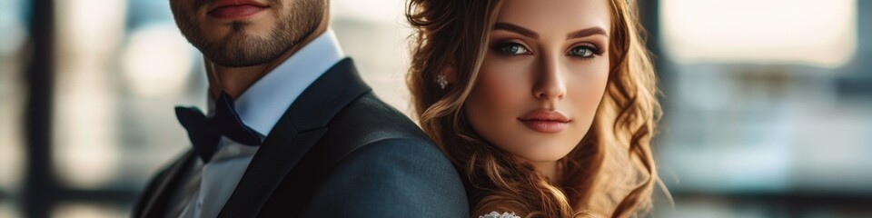 Fototapeta premium A couple dressed up for a special occasion, the man in a tuxedo and the woman in a wedding dress