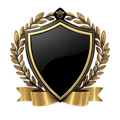 Isolated Black and Gold Shield with Ornate Laurel Wreath and Ribbon Accents