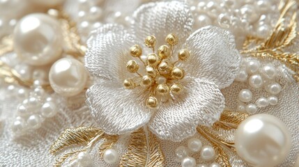 Close-up of elegant embroidered pearls and flowers