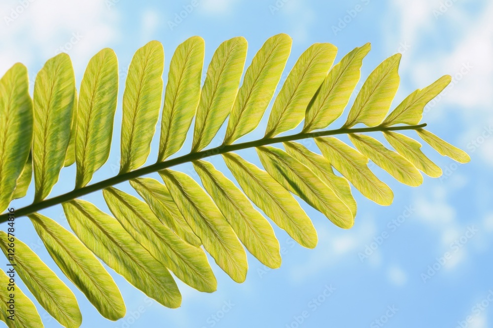 Poster a close-up view of a single leaf on a tree branch, with intricate details visible