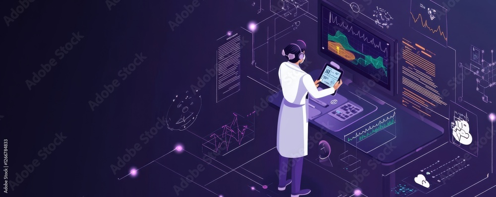 Poster digital healthcare innovation: scientist analyzing data on futuristic interfaces