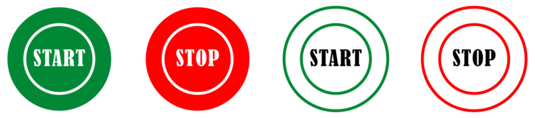 Start and stop buttons in green and red circular designs representing process control workflow management. Green start and red stop icons. Process control start stop sign. Vector illustration